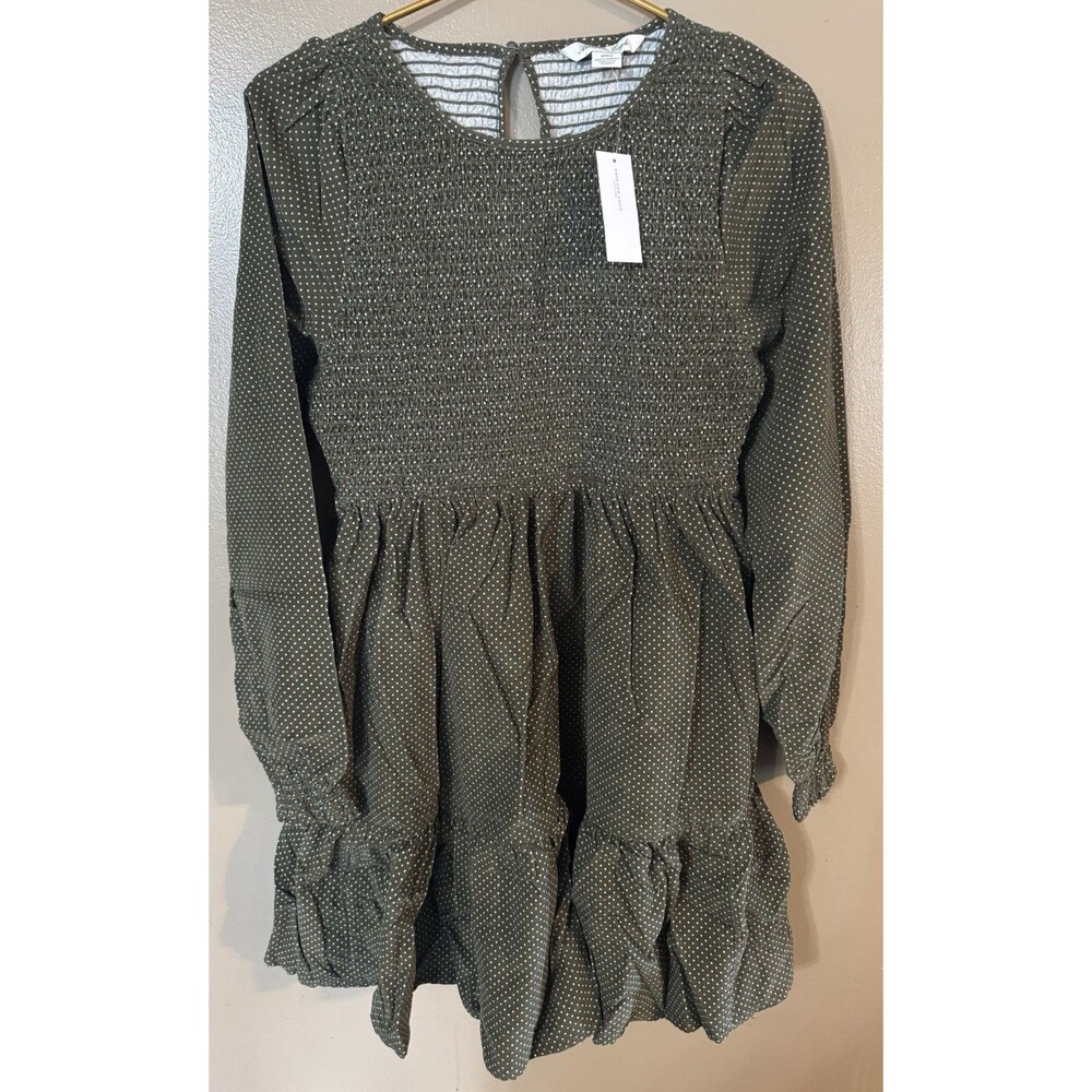 American Eagle Dress Women Sz M Smocked Corduroy Layered Green Polka Dots
